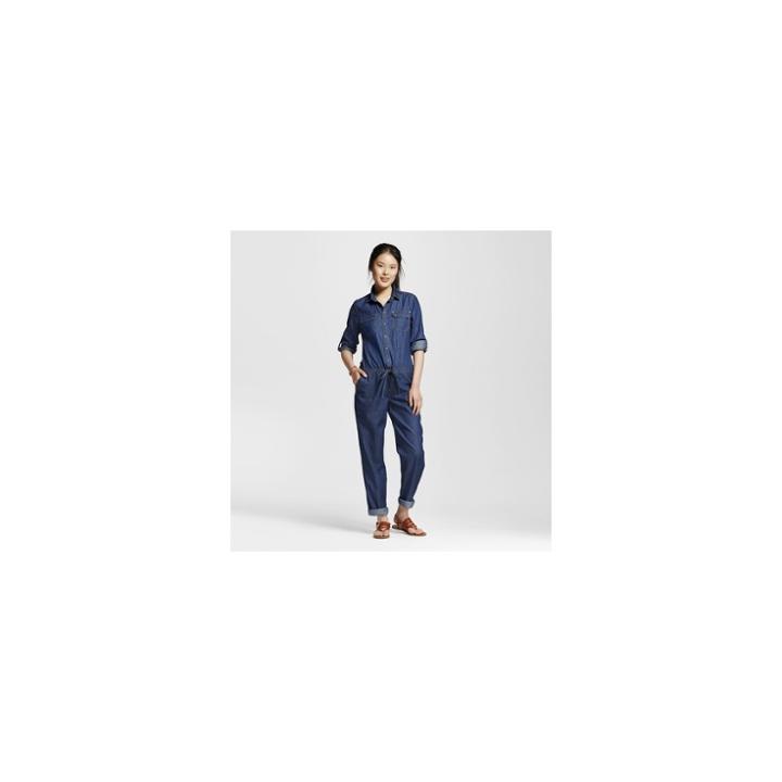 Women's Roll Sleeve Drawstring Waist Denim Jumpsuit Dark Wash S - Dollhouse (juniors'), Blue