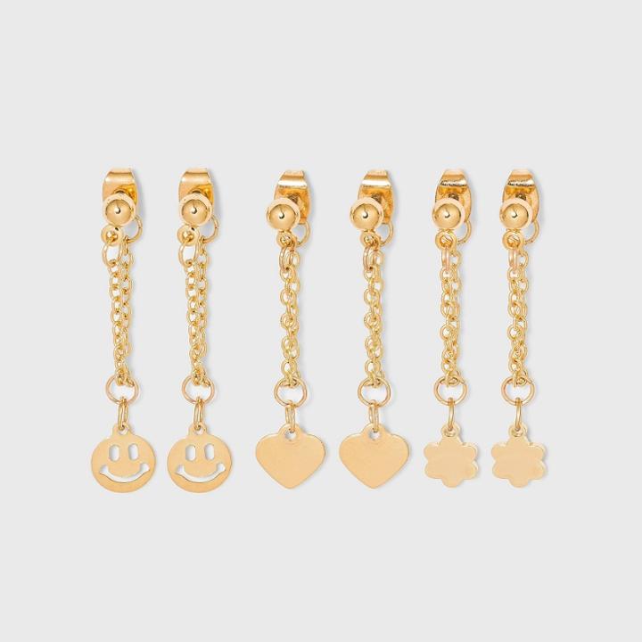 Flower Smiley Face And Heart Chain Hoop Earring Set 3pc - Wild Fable Gold