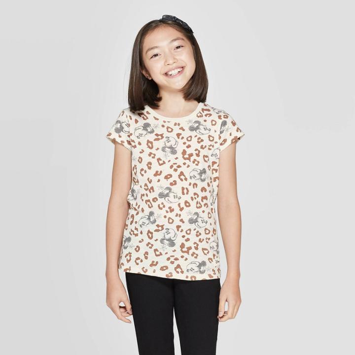 Petitetoddler Girls' Disney Minnie Mouse Leopard Print Short Sleeve T-shirt - Cream 4t, Girl's, Beige