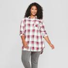 Women's Plus Size Plaid Button-down Long Sleeve Tunic - Ava & Viv Berry/white