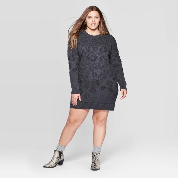 Women's Plus Size Leopard Print Long Sleeve Crewneck Sweater Dress - Universal Thread Gray