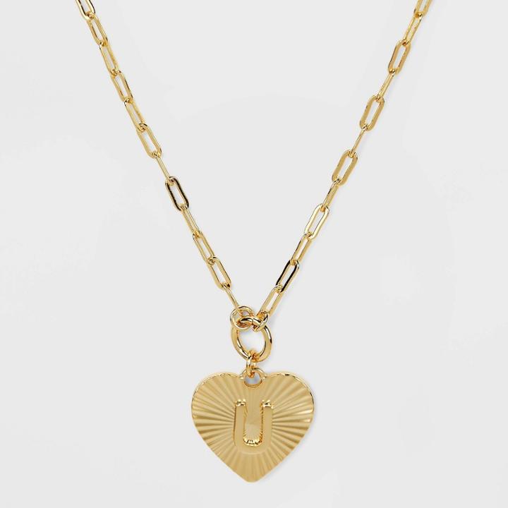 14k Gold Dipped 'u' Initial Diamond Cut Heart Pendant Necklace - A New Day Gold