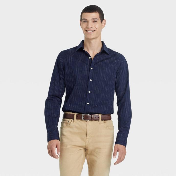 Men's Polka Dot Slim Fit Long Sleeve Button-down Shirt - Goodfellow & Co Navy