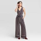 Women's Striped Sleeveless V-neck Button Front Belted Jumpsuit - Xhilaration Navy/coral Xs, Women's, Blue