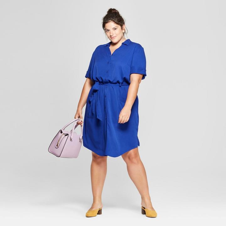 Women's Plus Size Belted Midi Shirt Dress - Ava & Viv Blue