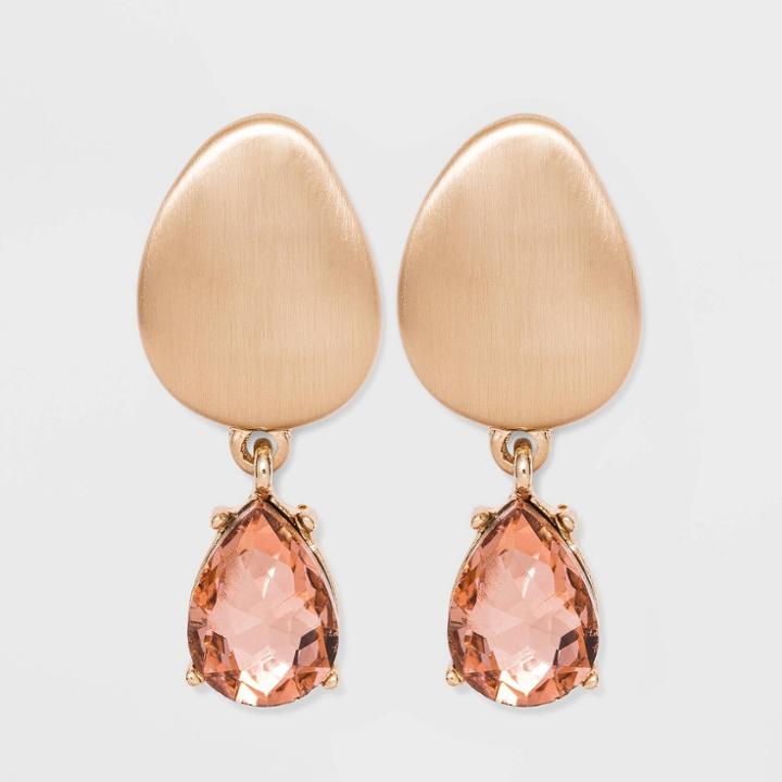 Post Drop Glass Gem Brushed Statement And Stud Earrings - A New Day Pastel Peach, Pastel Pink