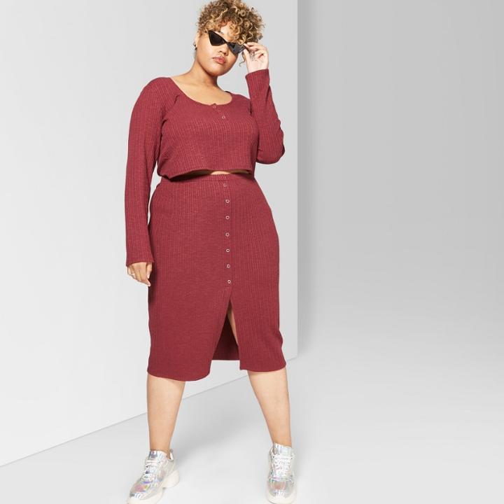 Women's Plus Size Button Front Rib Mini Skirt - Wild Fable Burgundy