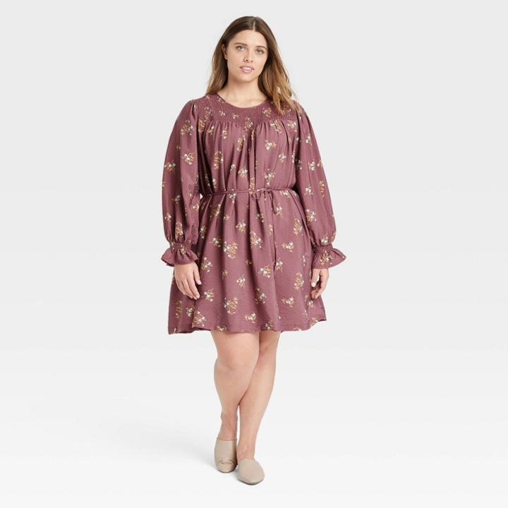 Women's Plus Size Long Sleeve Tent Dress - A New Day Purple Floral Print