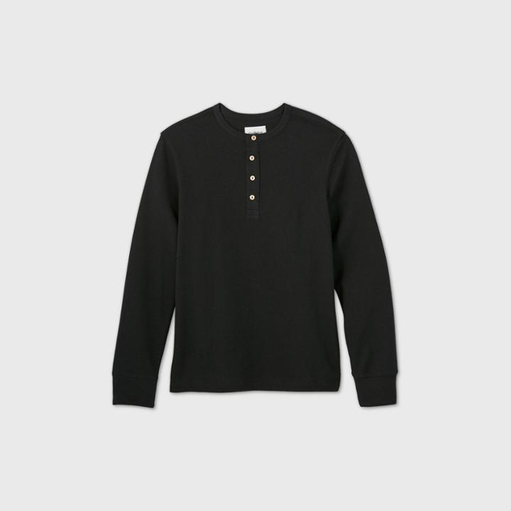 Men's Standard Fit Textured Long Sleeve Henley T-shirt - Goodfellow & Co Black