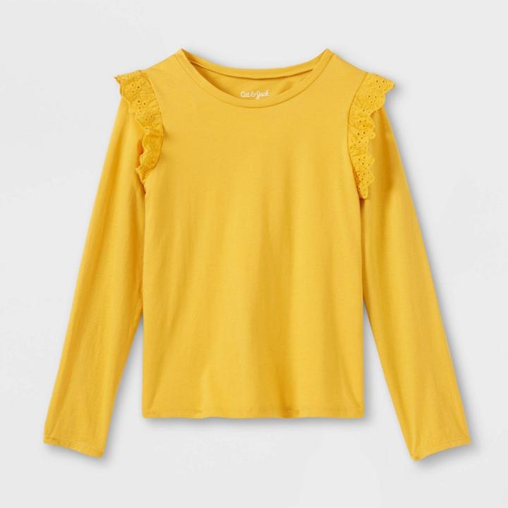 Girls' Long Sleeve Eyelet T-shirt - Cat & Jack Medium Mustard Yellow