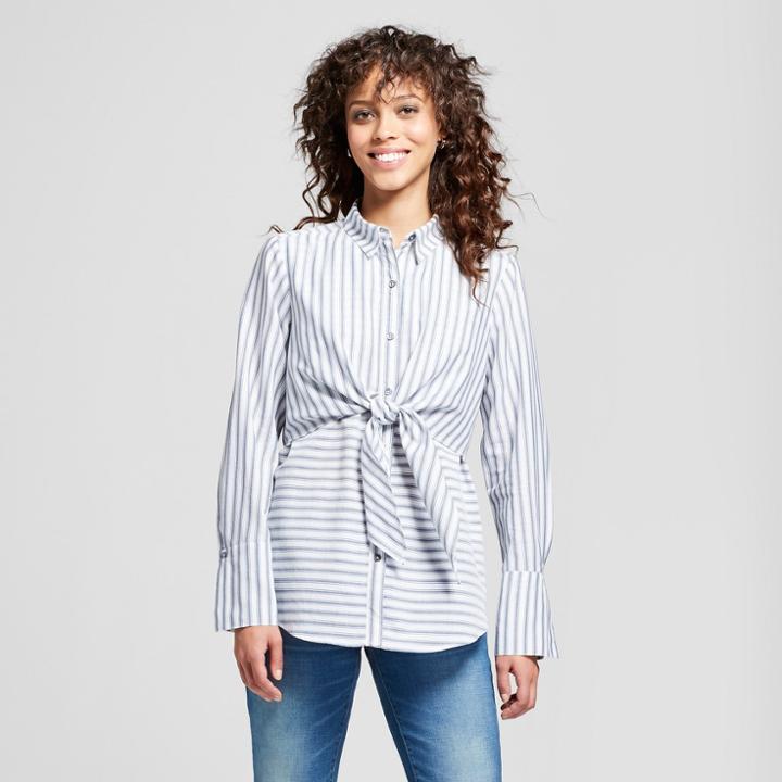 Women's Long Sleeve Striped Tie Front Button-up Blouse - Mossimo Blue/white