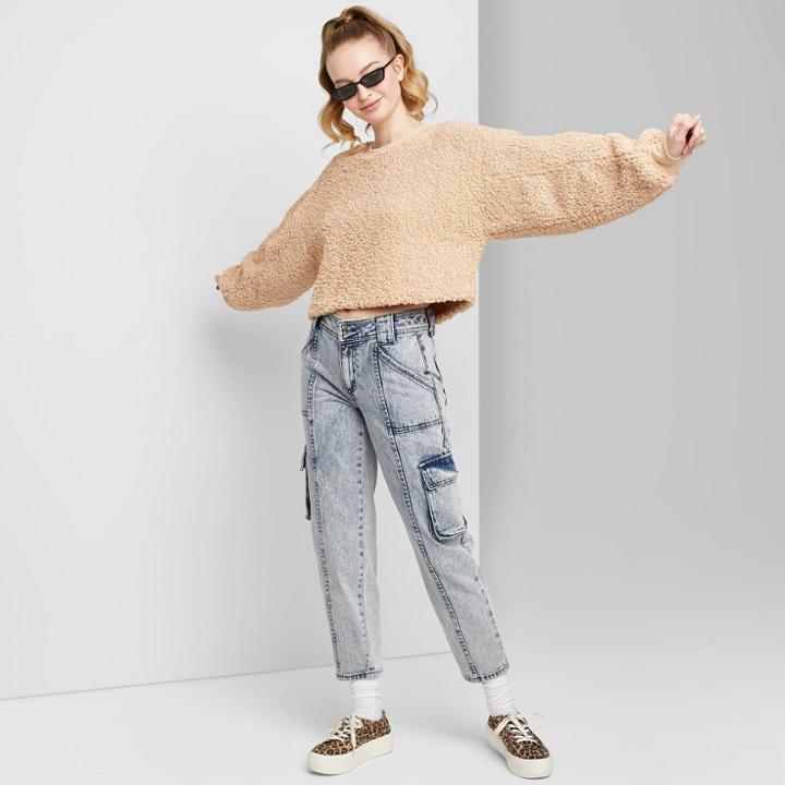 Women's High-rise Straight Leg Ankle Length Cargo Jeans - Wild Fable Acid Wash 00, Women's, Blue