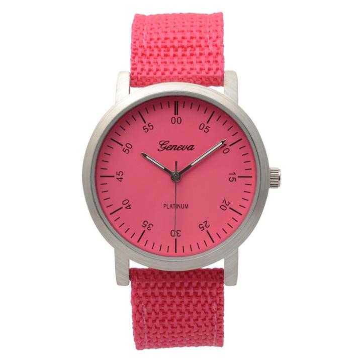 Women's Geneva Platinum Round Face Quartz Canvas Strap Watch - Pink