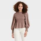 Women's Long Sleeve Smocked Top - A New Day Brown
