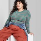Women's Plus Size Striped Long Sleeve Crewneck T-shirt - Wild Fable Green 1x, Women's,