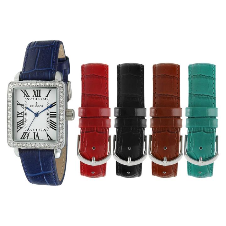 Peugeot Watches Women's Peugeot Crystal 5 Interchangeable Leather Strap Watch Set - Silver And, Black/silver