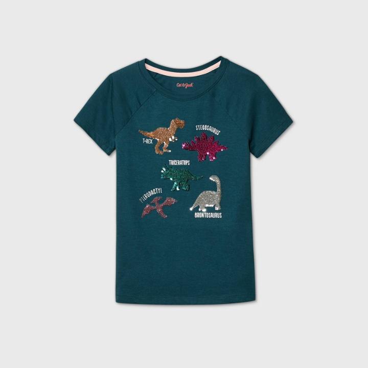 Girls' Short Sleeve Flip Sequin Dinosaurs T-shirt - Cat & Jack Teal