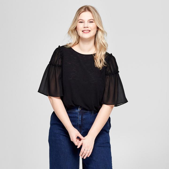 Women's Plus Size Chiffon Bell Short Sleeve Knit Top - Ava & Viv Black X