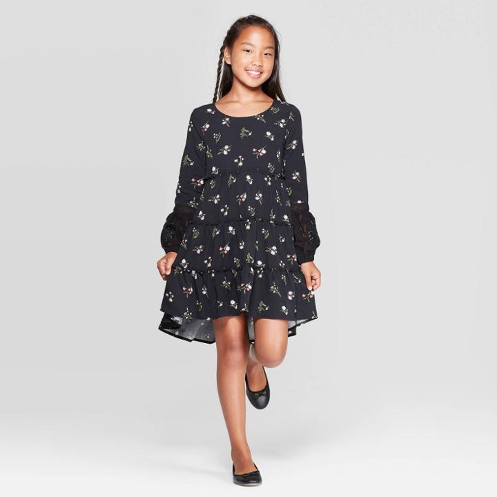 Girls' Long Bubble Sleeve Tiered Dress - Art Class Black L, Girl's,