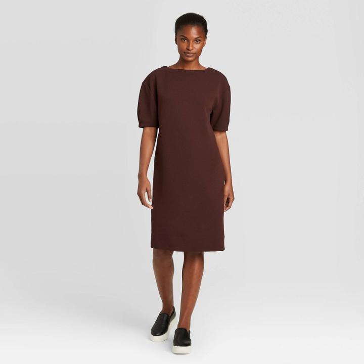 Women's Textured Knit Puff Short Sleeve Round Neck Dress - Prologue Maroon Xs, Women's, Brown