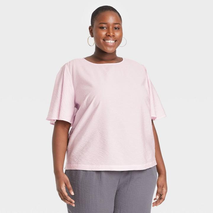 Women's Plus Size Flutter Short Sleeve Top - A New Day Purple