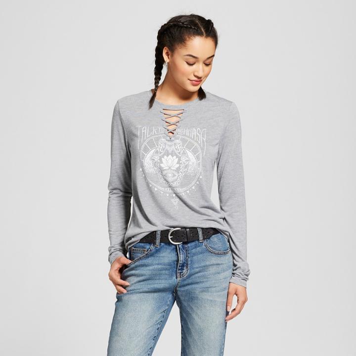 Women's Talk To Hamsa Lace-up Long Sleeve Graphic T-shirt - Modern Lux (juniors') Gray