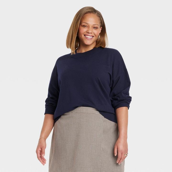 Women's Plus Size Fine Gauge Crewneck Sweater - A New Day Navy Blue