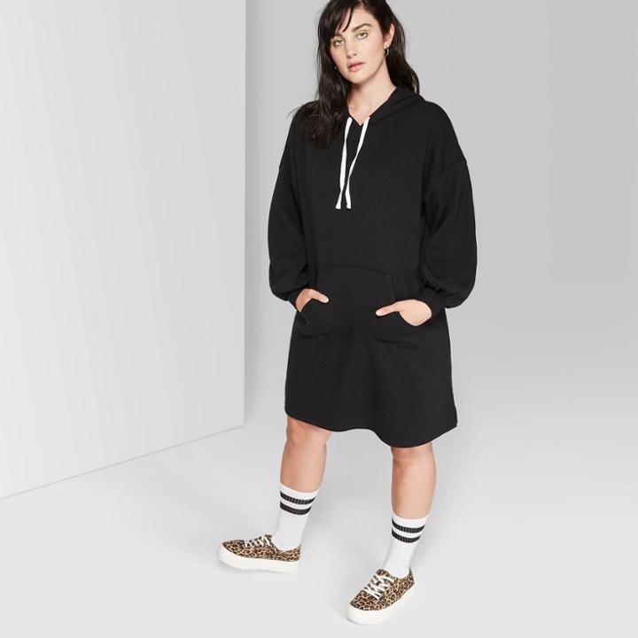 Women's Plus Size Long Sleeve Hooded Sweatshirt Dress - Wild Fable Black 1x, Women's,