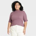 Women's Plus Size Elbow Sleeve Mock Turtleneck T-shirt - A New Day Purple