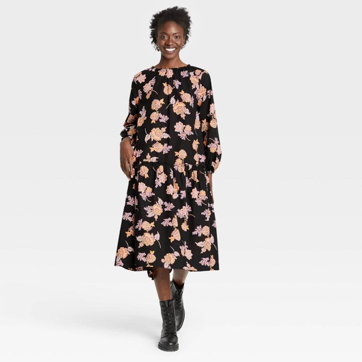 Women's Raglan Long Sleeve High Low Dress - Who What Wear Black Floral