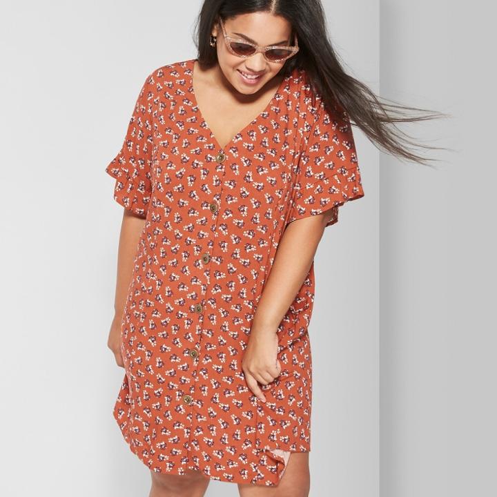 Women's Plus Size Floral Print Short Sleeve Woven Mini Dress - Wild Fable Orange/new Brew