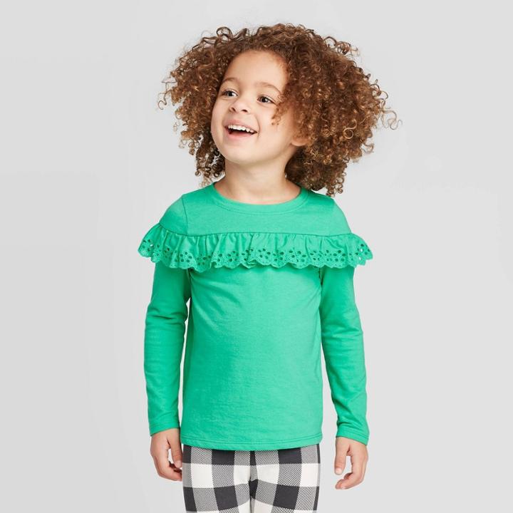 Toddler Girls' Long Sleeve Eyelet T-shirt - Cat & Jack Green 12m, Toddler Girl's