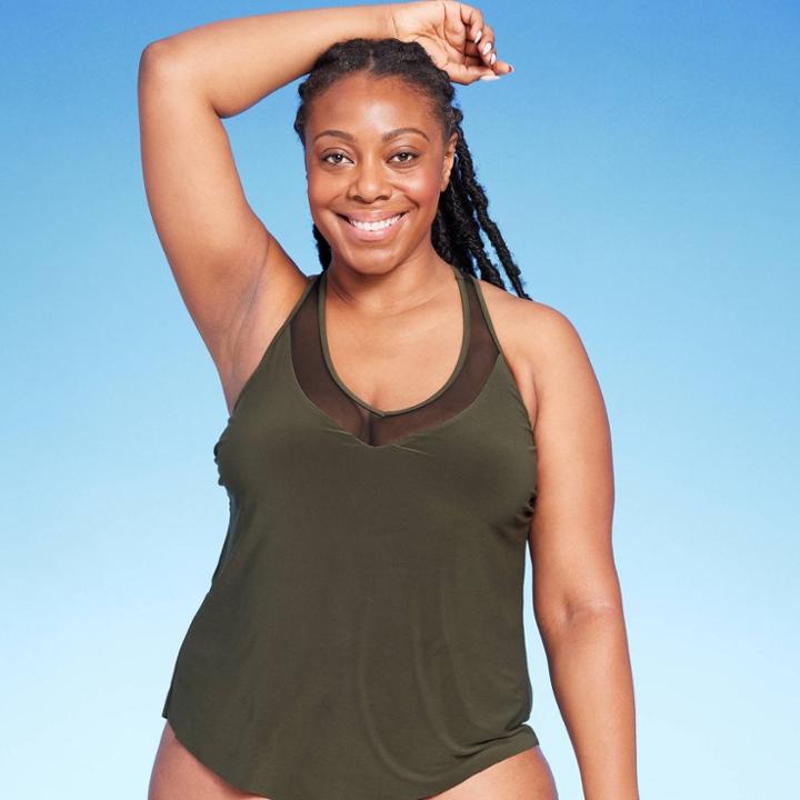 Women's Upf 50 V-neck Mesh Lined Tankini Top - Aqua Green Olive Green
