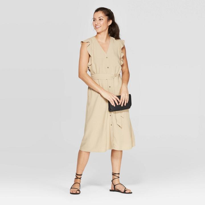 Target Women's Ruffle Short Sleeve V-neck Button Front Midi Dress - A New Day Khaki (green)