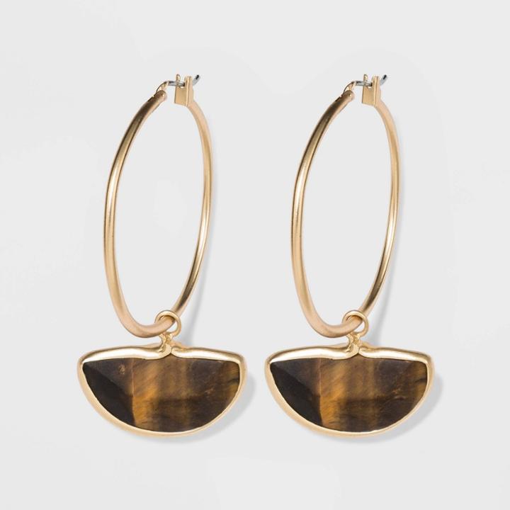 Semi-precious Stone Matte Tiger Eye Click Top Hoop Earrings - A New Day Brown, Women's