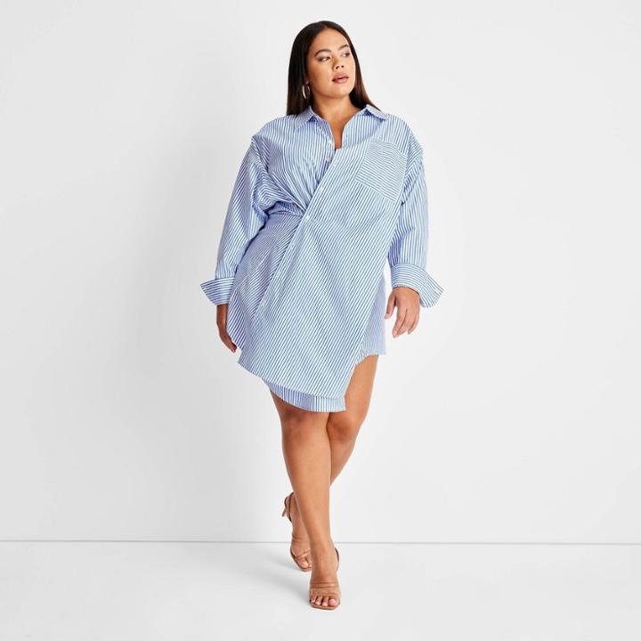 Women's Plus Size Striped Asymmetrical Long Sleeve Shirtdress - Future Collective With Kahlana Barfield Brown Blue