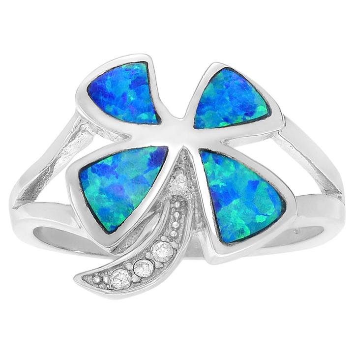 Journee Collection 1/3 Ct. T.w. Trillion-cut Simulated Opal Cz 4-leaf Clover Inlaid Set Ring In Sterling Silver - Blue,