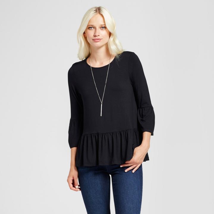 Women's 3/4 Sleeve Ruffled Peplum Top - Alison Andrews Black