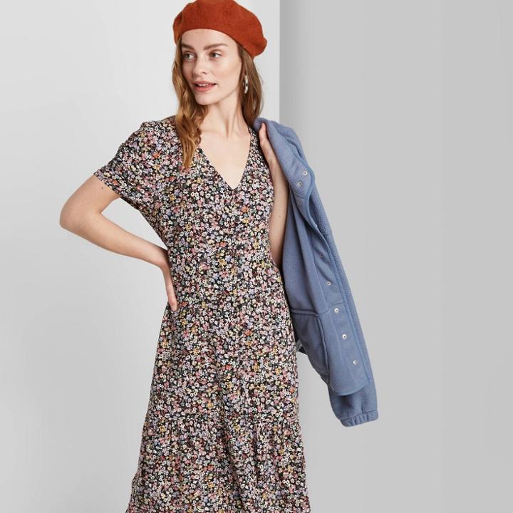 Women's Floral Print Short Sleeve V-neck Button-down Midi Dress - Wild Fable Black