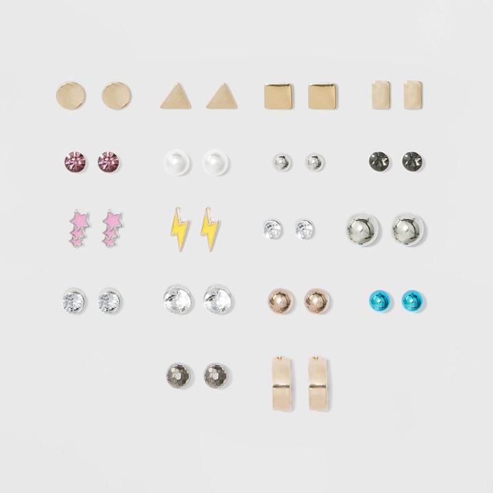 Lightening Bolt, And Geometric Stud Multi Earring Set 18ct - Wild Fable, Women's,