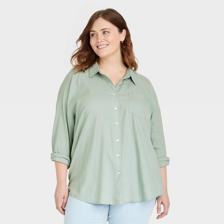 Women's Plus Size Long Sleeve Boyfriend Fit Linen Button-down Shirt - Universal Thread Green