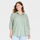 Women's Plus Size Long Sleeve Boyfriend Fit Linen Button-down Shirt - Universal Thread Green