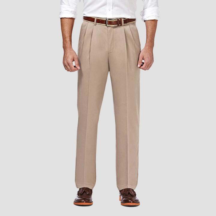 Haggar Men's Premium No Iron Classic Fit Pleated Casual Pants - Sand 32x30,