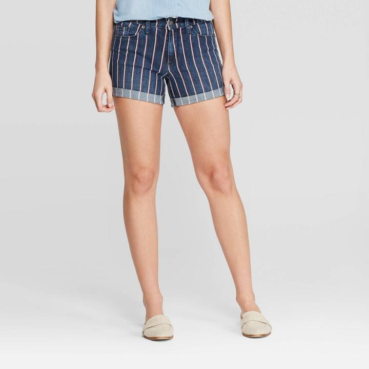Women's High-rise Striped Midi Jean Shorts - Universal Thread Dark Wash