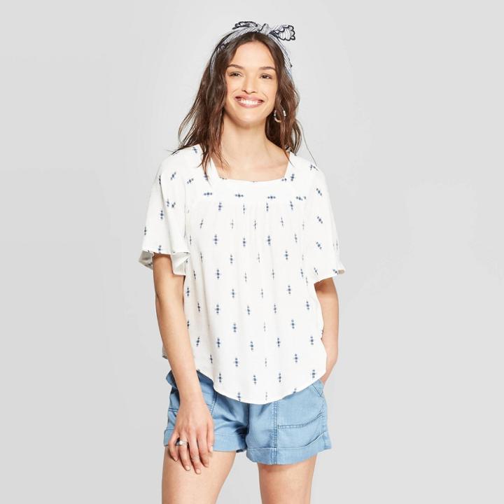 Women's Flutter Short Sleeve Square Neck Blouse - Universal Thread White