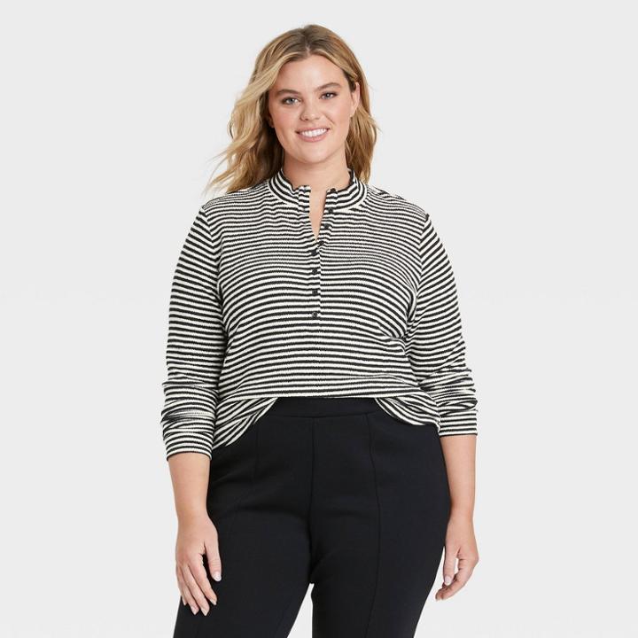 Women's Plus Size Long Sleeve Henley Shirt - Who What Wear Black