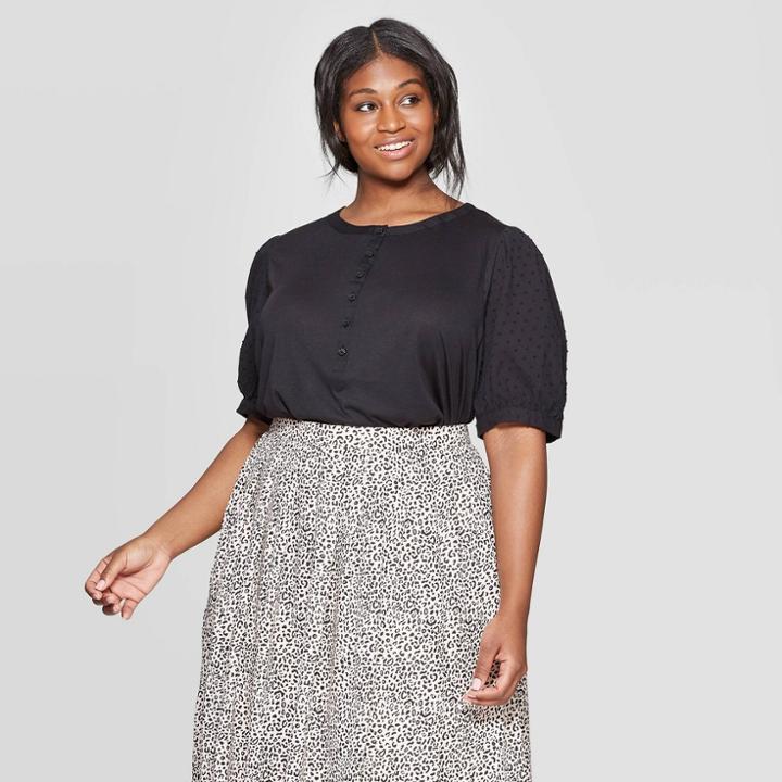 Women's Plus Size Long Poplin Sleeve Crewneck Henley Shirt - Who What Wear Jet Black