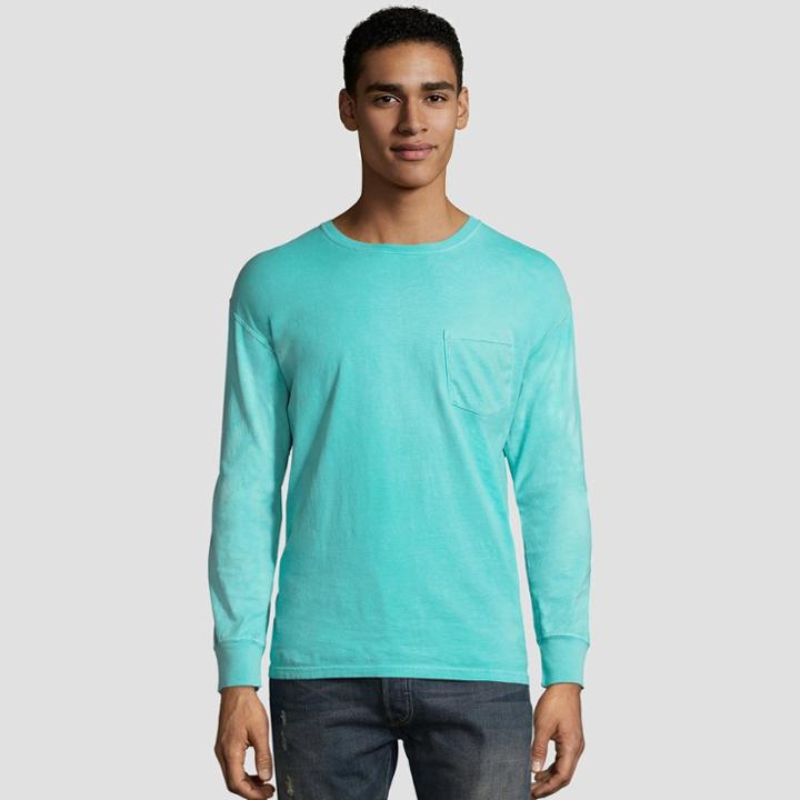 Hanes Men's Long Sleeve 1901 Garment Dyed Pocket T-shirt - Mint (green)