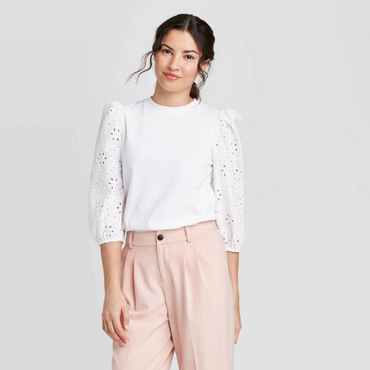Women's Long Sleeve Eyelet T-shirt - A New Day White