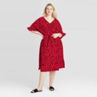 Women's Plus Size Animal Print Flutter Elbow Sleeve Tie Waist Dress - Who What Wear Red 1x, Women's,
